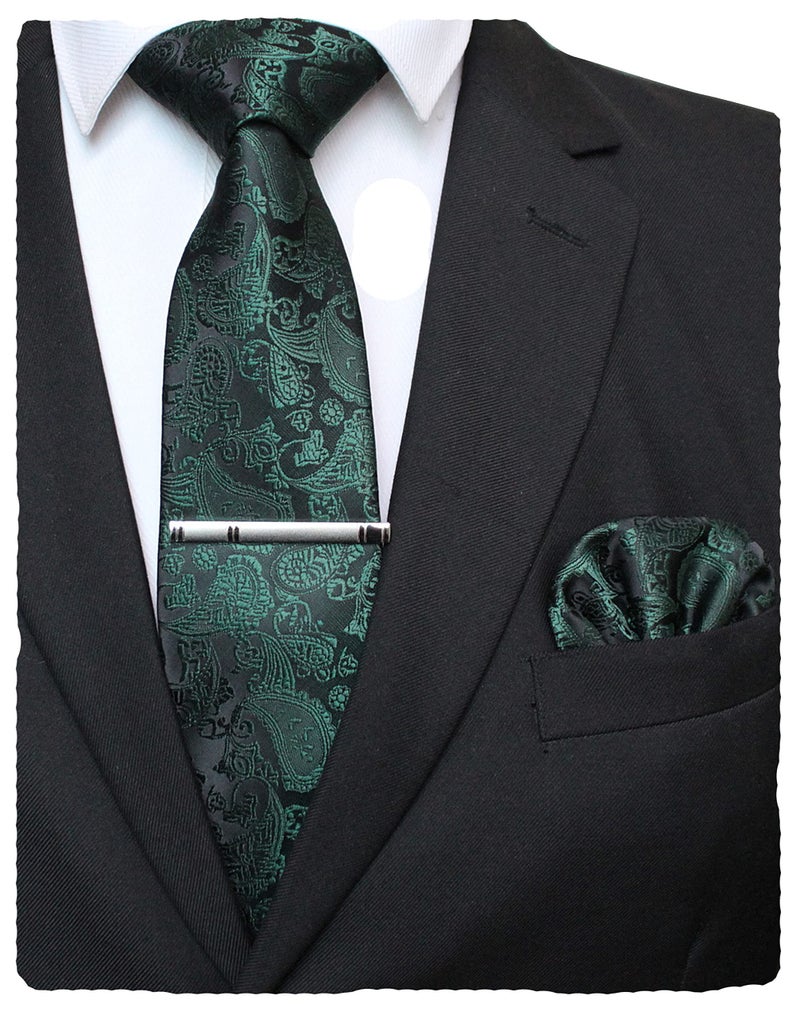 JEMYGINS Dark Green Paisley Tie Wedding Business Silk Necktie and Pocket Square, Hankerchief with Tie Clip Sets for Men(7) - Image 1